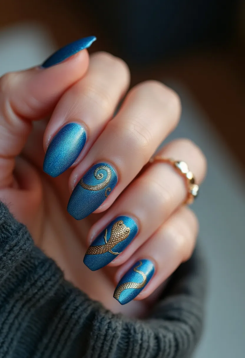 The nails are styled in a medium length with an oval shape. The primary color palette features an elegant shade of metallic blue, creating a bold and sophisticated look. Intricate gold patterns adorn the nails, with designs resembling ornate swirls and possibly a stylized snake or lizard that extends across multiple nails, adding a luxurious touch. The finish suggests a gel nail treatment, contributing to the glossy and smooth surface of the nails. The overall design, with its rich colors and intricate details, evokes a sense of opulence and could be suitable for a special occasion or a festive season such as the winter holidays.