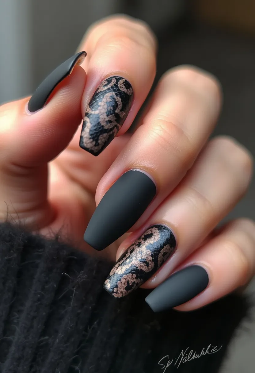 This nail design features a sophisticated and chic look with a predominantly matte black color palette. The nails are almond-shaped, providing an elegant and elongating effect on the fingers. Two of the nails boast a striking and intricate lace pattern in shades of metallic rose gold and black, adding a glamorous contrast to the matte finish. The lace pattern gives the design an intricate and luxurious feel, suitable for special occasions or a night out. Based on the high-gloss finish and the smoothness of the nails, it is likely a gel or acrylic treatment. This design incorporates a blend of classic black with a modern twist, making it versatile for different seasons, but particularly fitting for the fall or winter due to its darker tones and rich detailing.