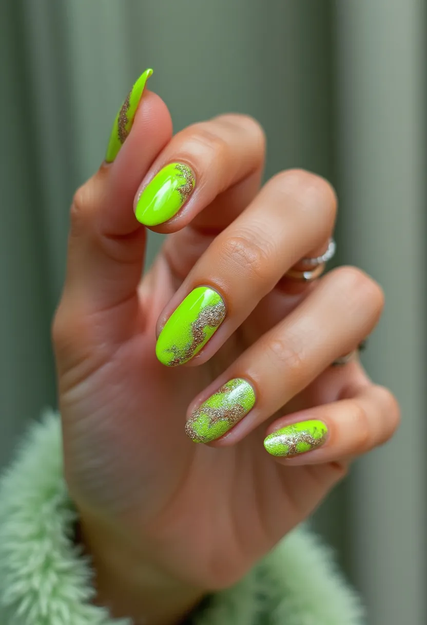 The nail design features a bold and vibrant palette dominated by a neon green base color. The nails have an almond shape, providing a sleek and elegant look. Intricate patterns are created using gold glitter, applied in an abstract, irregular manner that adds a touch of glamour and complexity to the design. This looks like a gel or acrylic nail treatment, known for its durability and glossy finish. The colors and sparkling details suggest a fun, festive theme, perhaps suitable for spring or summer occasions, emphasizing both vibrancy and sophistication.