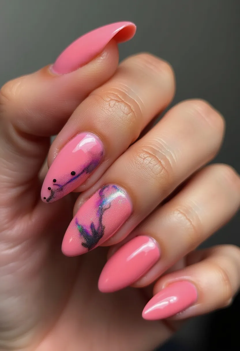 The nail design features an elegant and vibrant color palette dominated by a bright, glossy pink. The nails are shaped into an almond form, providing a sophisticated and elongated appearance. Intricate patterns adorn one of the nails, showcasing a delicate blend of black abstract lines and tiny black dots, adding depth and artistry. Furthermore, hints of iridescent, holographic details accentuate the design, providing a touch of shimmer and contrast against the pink base. The nails appear to be treated with gel, contributing to their smooth, glossy finish and durable, chip-resistant surface. This design does not explicitly indicate a specific seasonal theme or occasion but is versatile for various times and events due to its stylish and contemporary appeal.