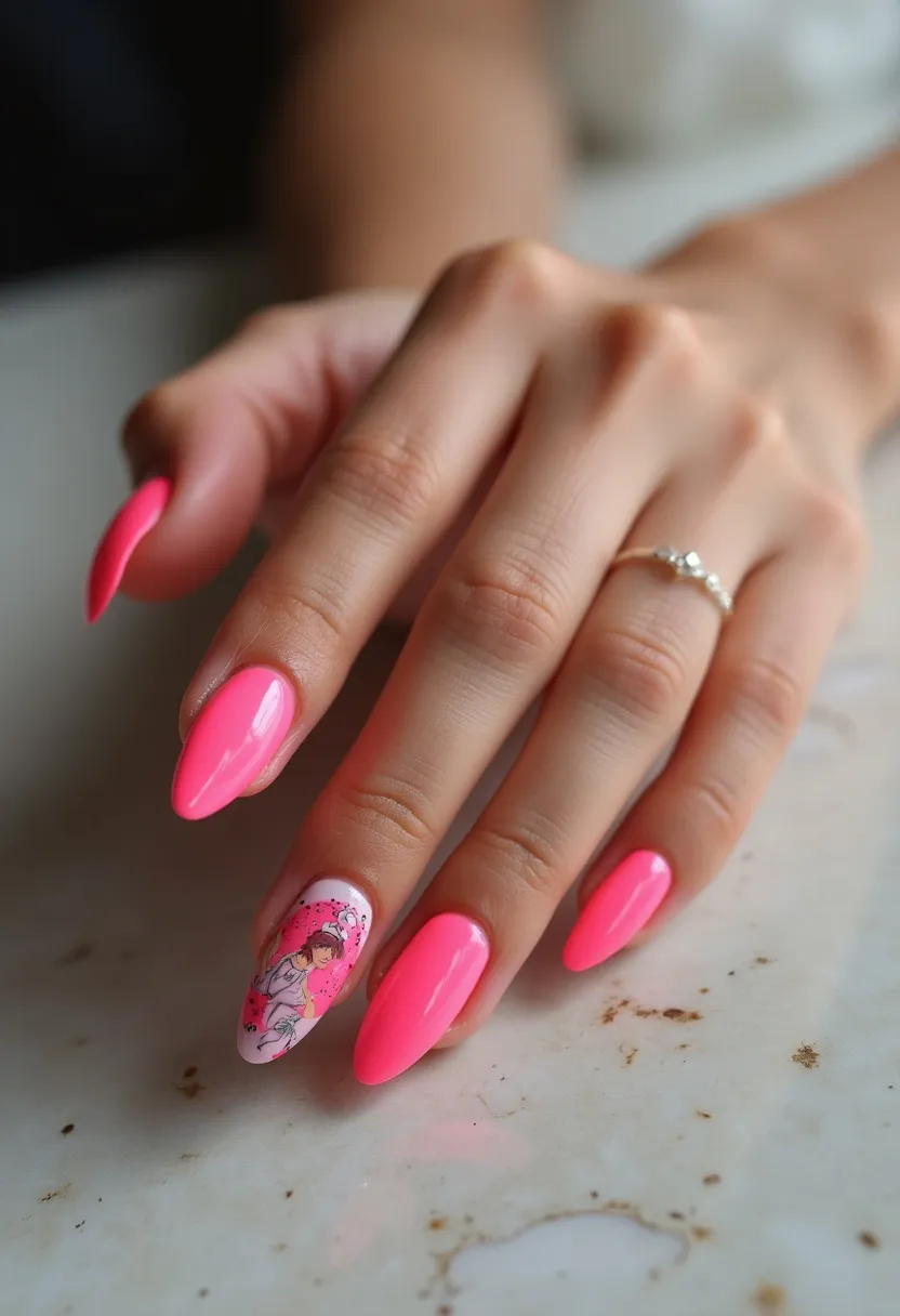 The nail design features a striking neon pink color palette that covers most of the nails, delivering a bold and vibrant aesthetic. The nails are shaped in a long, almond form, providing an elegant and stylish look. A standout feature is the ring fingernail, which includes intricate artwork of a female figure placed against a contrasting white and pink background, adding a playful and artistic touch to the design. The nail treatment appears to be gel, given the high-gloss finish and durability indicated by the smooth, even application. This nail design exudes a fun and cheerful vibe, making it suitable for a variety of occasions, with a particular emphasis on youthful and lively themes.