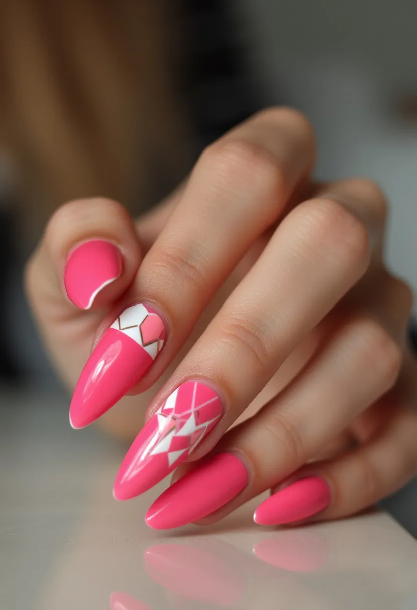 The nail design features a vibrant pink color palette, adorned with intricate white geometric patterns on two nails for added flair. The nails are shaped almond-style, providing an elegant and elongated look. The use of gel polish creates a glossy and durable finish. The detailed decorations on the accent nails include a mix of abstract triangular designs, giving a modern and chic appearance. This nail art is versatile and ideal for various seasonal themes or special occasions where a pop of color and creativity is desired.