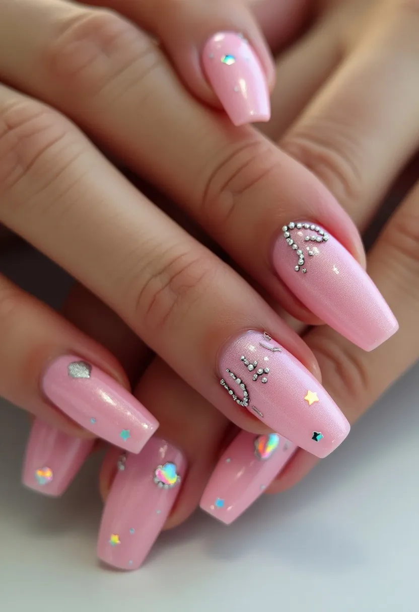 The nail design features a pastel pink color palette, providing a soft and elegant look. The nails are shaped in a stylish coffin shape, enhancing their elongated appearance. Accentuating the pastel base, the design includes intricate rhinestone patterns that form delicate curves and swirls, adding a touch of sparkle and sophistication. Additionally, small holographic decals such as stars and hearts are scattered across the nails, further enhancing the whimsical and playful vibe. The treatment used appears to be gel, ensuring a glossy and long-lasting finish. This design can be perfect for springtime and special occasions like birthdays or weddings, where a softer, more delicate aesthetic is desired.