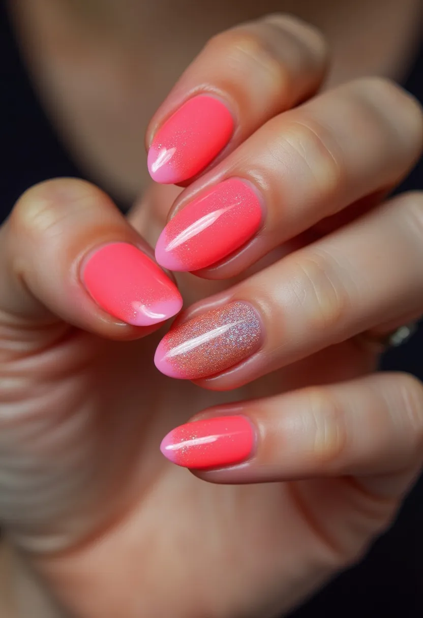 The nail design features a predominantly bright coral or neon pink color palette, with a combination of intricate and subtle details. The nails are almond-shaped, which adds to the elegant and sophisticated look of the design. There is a noticeable use of a shiny, glittery finish, particularly on the ring fingernail, which also includes a gradient glitter effect transitioning from a clear or light base to the vibrant pink. Additionally, the design incorporates a stylish French tip on one of the nails, blending a soft pink tip with the coral base. This nail treatment appears to be gel-based, given the high-gloss finish and smooth application, suggesting durability and longevity. The vibrant and playful colors, coupled with the glitter accents and French tip, make this design ideal for spring or summer seasons, or special occasions like parties and celebrations.