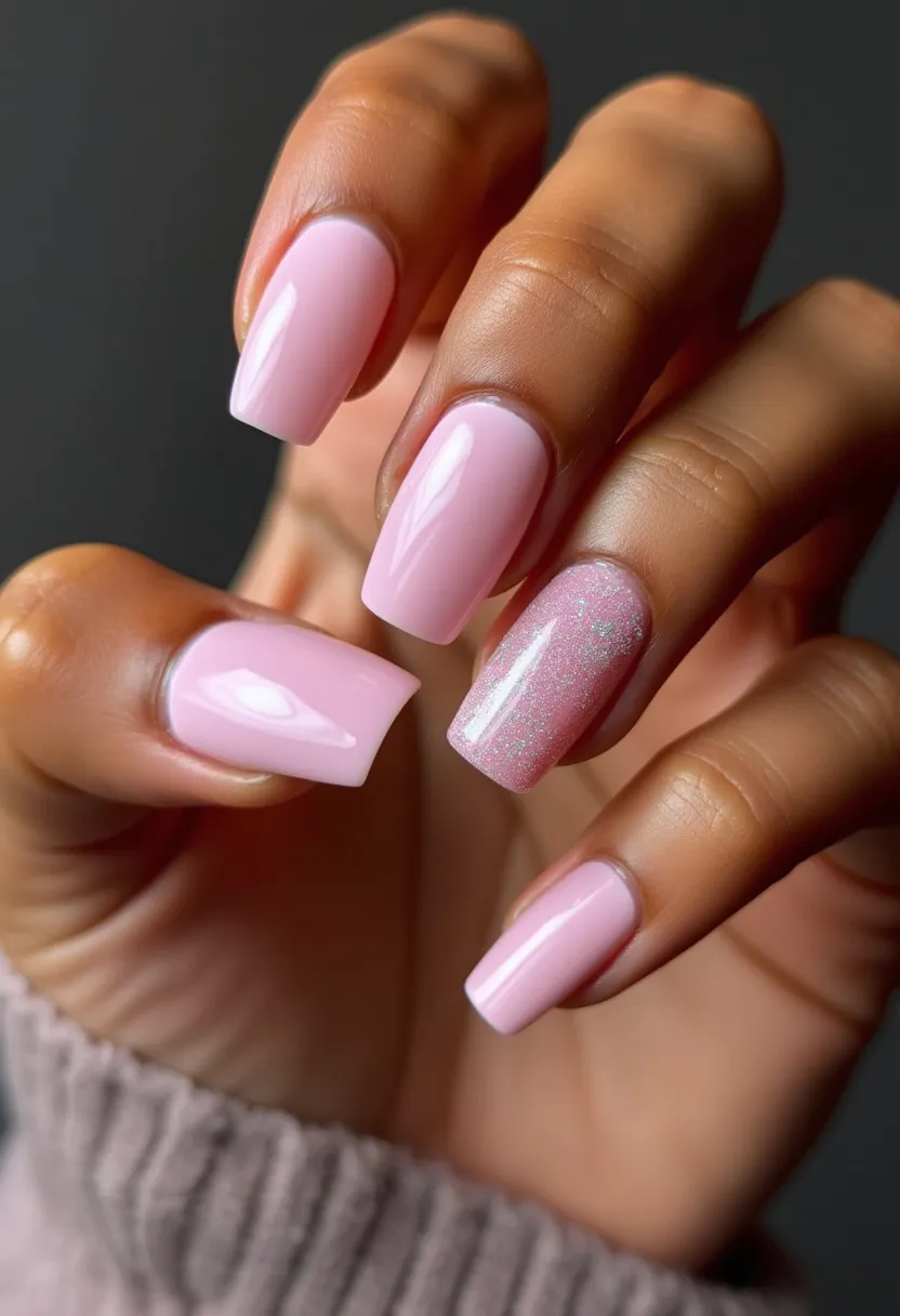 The nail design features a soft and elegant pastel pink color palette that is consistent across most of the nails. The nails are medium length with a square shape, giving a clean and sophisticated look. There is a distinctive accent nail that stands out due to its subtle shimmer effect, adding a touch of sparkle to an otherwise simple design. It appears that the nails have been treated with a gel or shellac coating, providing a glossy and durable finish. This design is perfect for a spring or summer theme, evoking a sense of freshness and new beginnings, suitable for both casual and formal occasions.