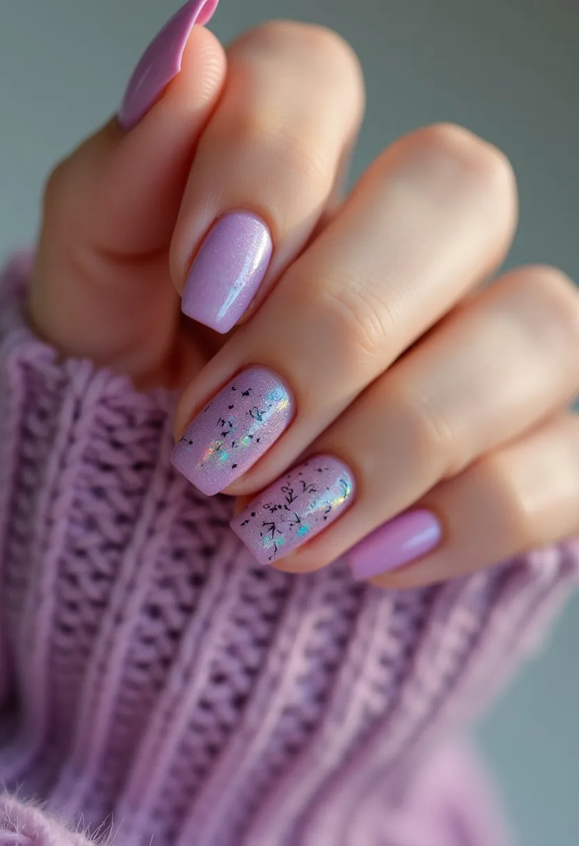 The nail design features a soft, pastel lavender color palette, perfect for a fresh and delicate look. The nails are medium length with a squared-off shape, enhancing the neat and tidy appearance. Two of the nails have intricate floral patterns with small black designs complemented by subtle holographic accents, adding a touch of whimsy and detail. This nail art appears to be done in gel polish, giving a smooth and glossy finish that is both durable and shiny. The subtle lavender hue and delicate floral designs make this design ideal for the spring season or a special occasion like a wedding or garden party.