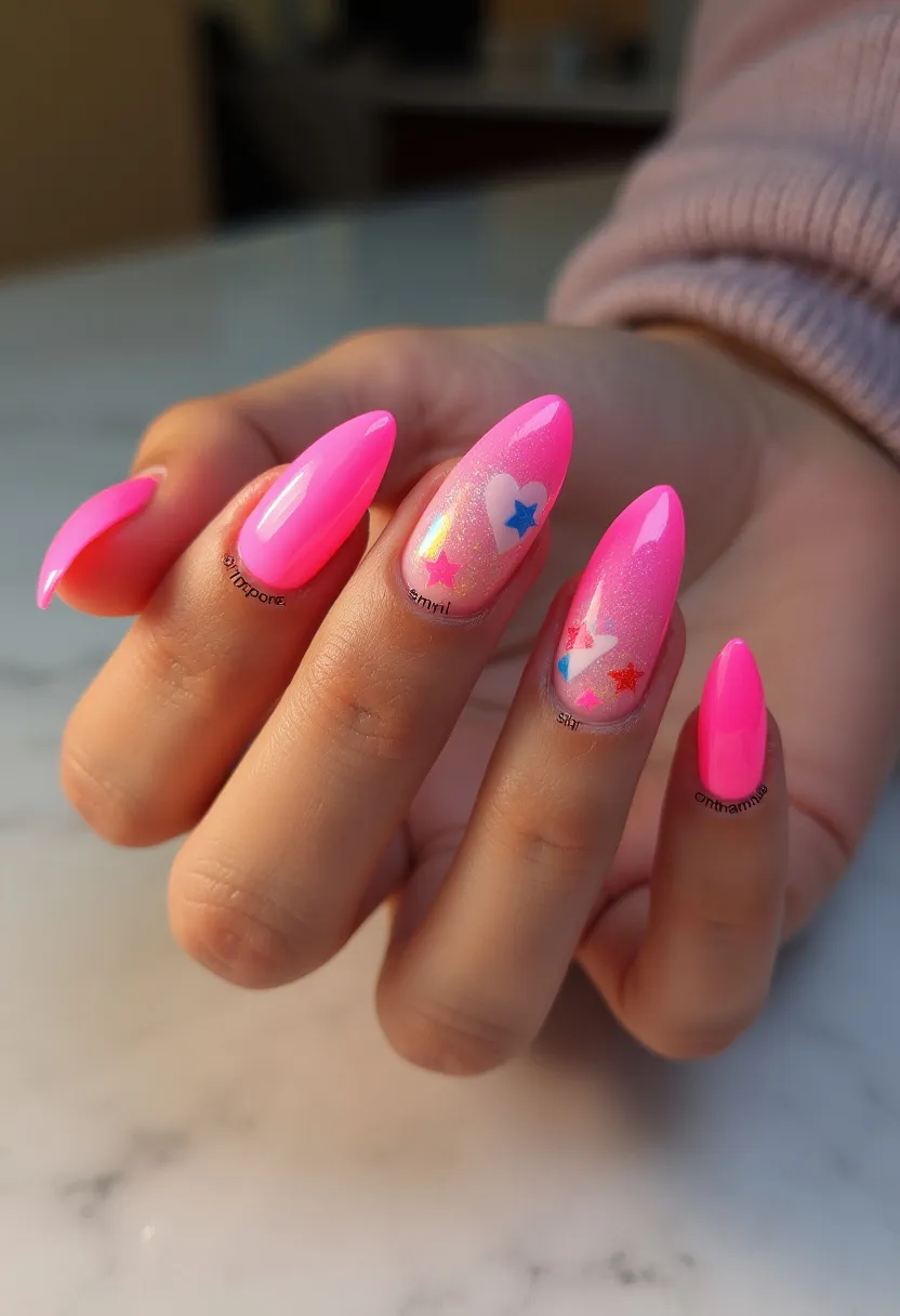 The nail design showcases a vibrant and eye-catching palette with a dominant hot pink color. The nails are shaped in a long almond style, providing an elegant and sleek look. Featured prominently on some nails are intricate patterns, including a glittery base adorned with colorful stars and heart decals in shades of blue and pink, adding a playful and whimsical touch. This manicure appears to be created using gel nail treatment, providing a glossy and durable finish. The design is fitting for festive or cheerful occasions, exuding a fun and lively vibe suitable for celebrating special events or adding a pop of color to any season.