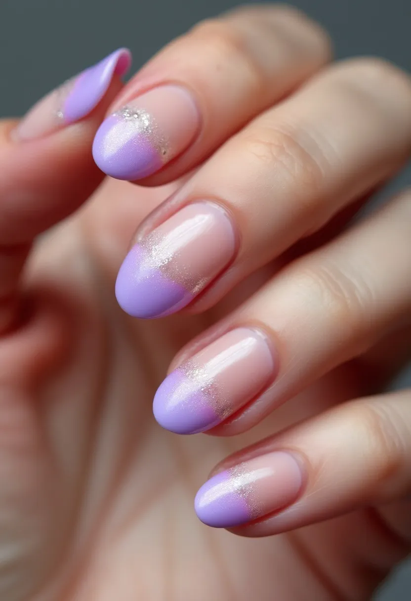 The nail design features an almond shape with a delicate and elegant color palette. The base of the nails is a soft, translucent nude shade, transitioning into a beautiful lavender purple at the tips. The gradient effect between these two colors is smooth, with a touch of fine silver glitter dusted at the junction, adding a subtle sparkle. The nails appear to be a gel treatment, given the smooth, glossy finish and meticulous blend of colors. This design could be well-suited for spring or summer seasons due to the light and uplifting hues, making it versatile for both casual and formal occasions.