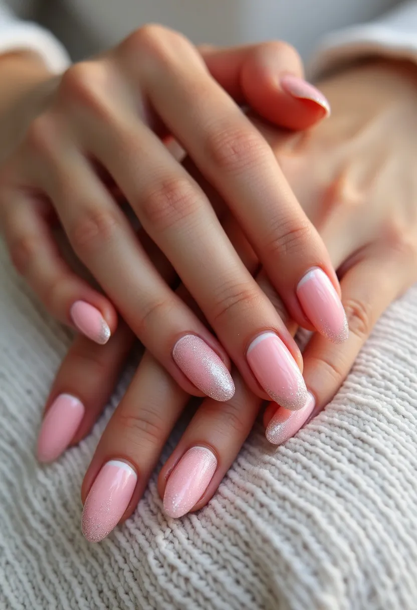 The nail design features a soft, pastel pink color palette with an almond-shaped form. The nails exhibit a gradient effect with the tips adorned in shimmering silver glitter, creating a subtle yet elegant transition from the base color. The prominent use of a glossy finish suggests a gel or acrylic nail treatment, known for its durability and high-shine appearance. The design incorporates a clean, minimalist aesthetic with a hint of sparkle, making it suitable for various occasions, including weddings or springtime events. The combination of pastel and glitter adds a touch of sophistication and festivity to the overall look.