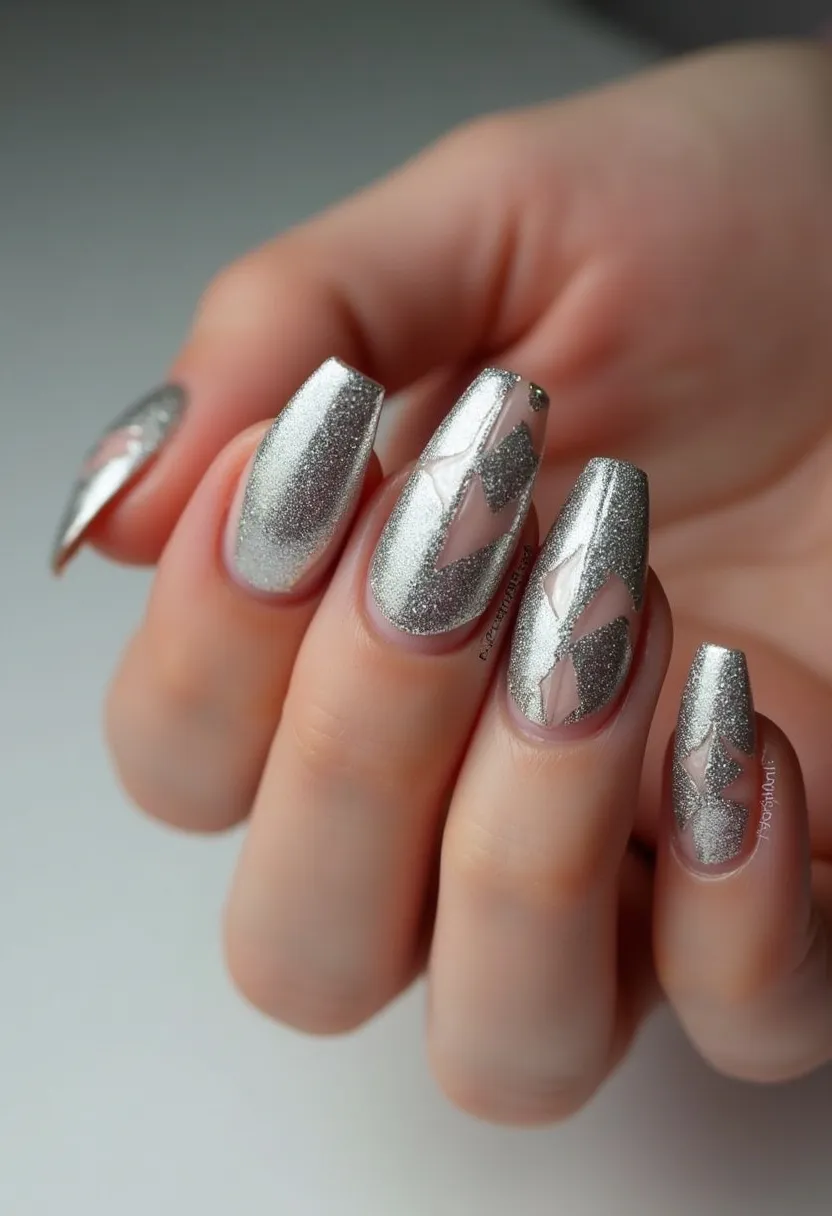 The nail design showcases a silver chromatic color palette, exuding a reflective and metallic sheen that covers most of each nail. The nails are medium length and shaped into a tapered square or coffin shape. The design features an artistic pattern that incorporates negative space; geometric silver segments with some triangular shapes are strategically placed on each nail, while the natural nail underneath is visible in a contrasting manner. This type of decoration appears to be meticulously done, hinting at a gel or shellac manicure due to its smooth and glossy finish. The overall aesthetic suggests a modern, festive, or special occasion theme, suitable for events that call for a touch of glamour and sophistication.