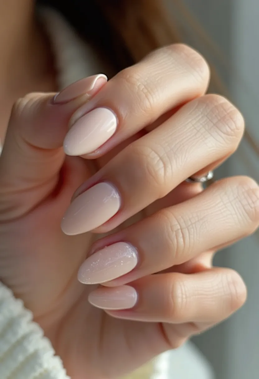 The nail design features a soft, elegant look with a minimalist aesthetic. The nails are almond-shaped, providing a sophisticated and elongating appearance to the fingers. The color palette includes a subtle, light pink or nude shade, which gives the nails a clean and polished look. The treatment appears to be either gel or acrylic, ensuring a smooth, glossy finish and added durability. A delicate touch of fine glitter is visible on some nails, adding a hint of sparkle without overpowering the overall simplicity. This design exudes a neutral and versatile style, making it suitable for daily wear as well as special occasions like weddings or formal events.