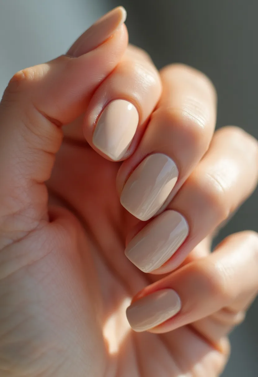 The nail design showcases a minimalist and polished appearance with a neutral beige color palette. Each nail is shaped in a soft, rounded square, providing a clean and sophisticated look. The nails display a high-gloss finish, indicative of a gel or shellac nail treatment, which adds to their sleek and well-maintained aesthetic. There are no intricate patterns or decorations present, emphasizing the simplicity and elegance of the design. This understated yet elegant style is versatile and suitable for various settings, from professional to casual, and it can complement outfits for any season or occasion with its timeless appeal.