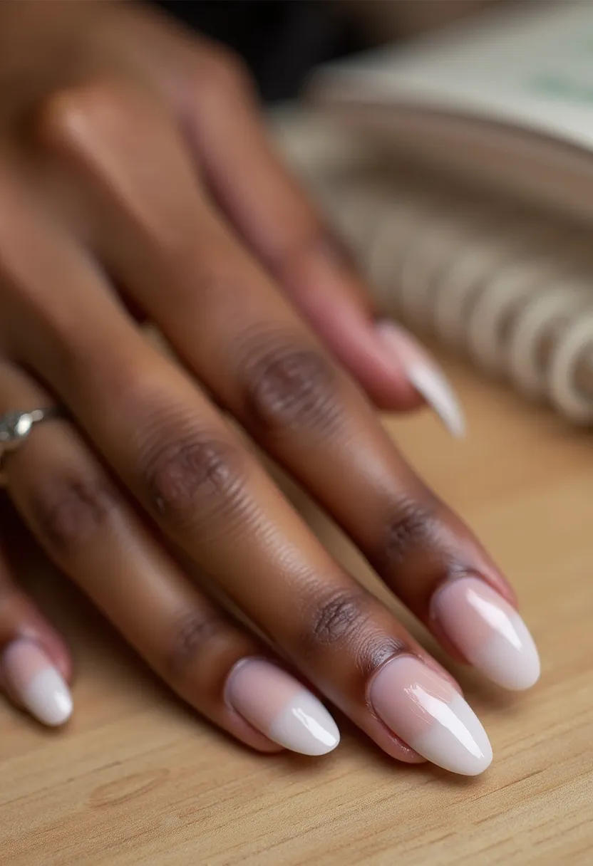 This nail design features a sophisticated and elegant gradient color palette, transitioning seamlessly from a soft nude pink at the base to a crisp white at the tips. The nails are shaped into a classic almond form, providing a timeless and flattering look. The treatment appears to be gel, which offers a smooth, glossy finish and durability. There are no intricate patterns or decorations, allowing the subtle ombre effect to be the focal point. This design is versatile and suitable for various occasions, including weddings, formal events, or as an everyday manicured look. Its delicate and polished nature makes it particularly fitting for spring or summer seasons.