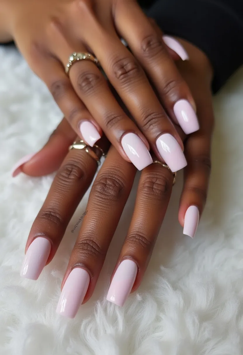 The nail design features a soft, pastel pink color palette, which imparts a clean and elegant appearance. The nails are shaped in a coffin or ballerina style, characterized by their long length and squared-off tips. There are no intricate patterns or decorations, showcasing a minimalist and sophisticated look. The nails appear to be treated with gel, providing a shiny, smooth finish that enhances the overall polish durability and lustrous look. The simplicity and soft pastel tone suggest a versatile design suitable for various occasions, including everyday wear or special events that call for understated elegance.