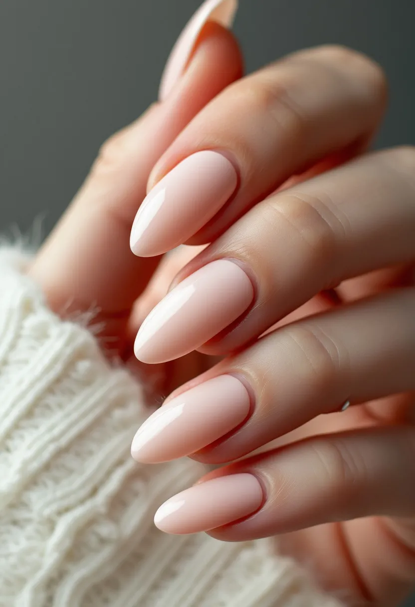 The nail design features a soft and elegant pastel pink palette, suitable for a subtle and classic look. The nails are almond-shaped, providing a sophisticated and elongated appearance to the fingers. The finish appears glossy, suggesting a gel or shellac treatment, which ensures a smooth and durable surface. There are no visible intricate patterns or decorations, highlighting the simplicity and elegance of the design. This nail style is versatile and can be suitable for various occasions, including everyday wear, formal events, or even as a bridal look due to its understated and timeless appeal.