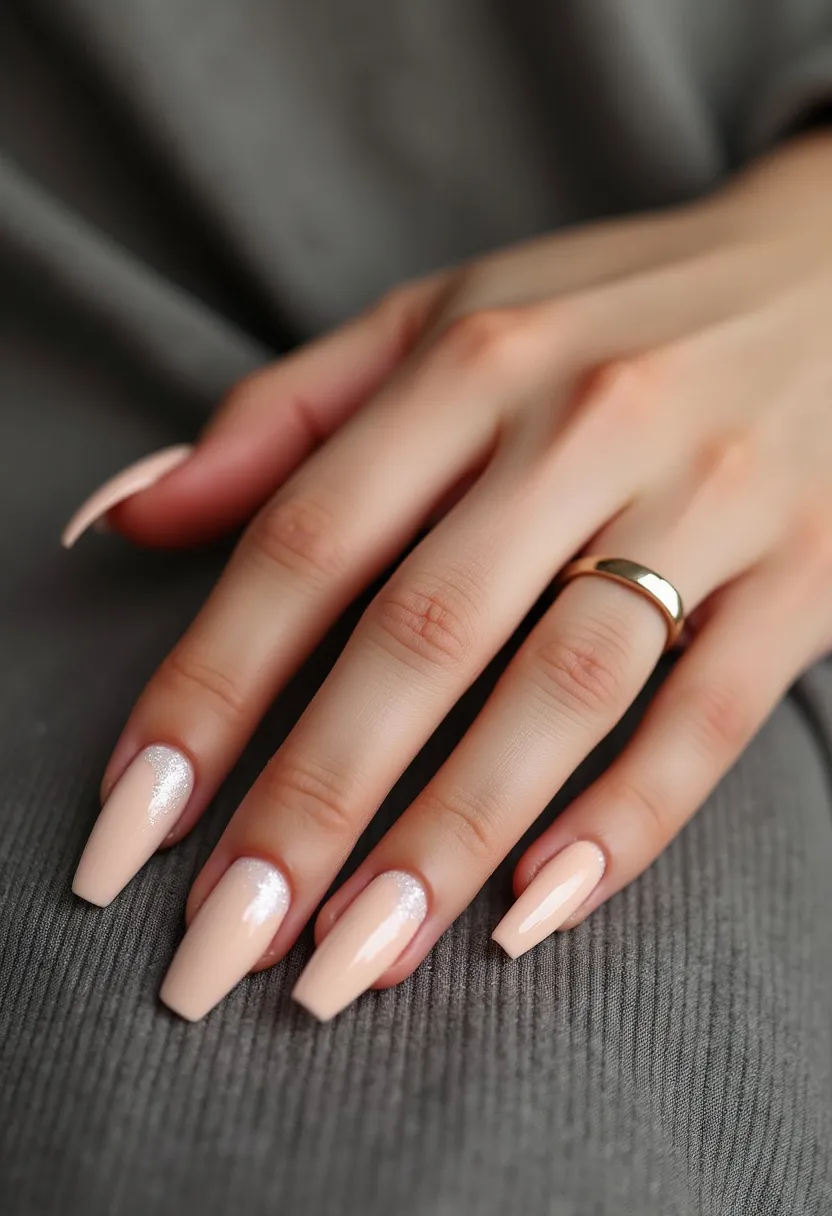 The nail design showcases a soft, nude color palette that exudes elegance and simplicity. The nails are shaped in a coffin or ballerina style, offering a sleek and elongated appearance. Each nail has a subtle accent of fine, glittery ombre near the cuticle area, adding a touch of sparkle without overwhelming the look. The finish appears to be smooth and glossy, suggestive of a gel or possibly shellac treatment, providing long-lasting durability and shine. This understated yet graceful design is versatile enough for various occasions, from everyday wear to more formal events, and it could easily be suitable for any season due to its neutral tones and delicate embellishments.