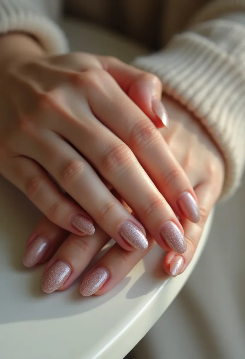 The nail design features an elegant and subtle color palette of a light, shimmery pinkish nude tone that exudes sophistication. The nails are shaped into a classic oval form, enhancing the fingers' length with a refined appearance. The intricate patterns consist of a fine, shimmering finish that adds a touch of sparkle without overwhelming the look. The treatment used appears to be a gel polish, providing a smooth and glossy texture that ensures durability and a high-shine effect. This nail design is versatile and suitable for various occasions, including formal settings or seasonal events like spring and summer, where lighter and more natural hues are often preferred. The minimalist yet polished aesthetic makes this design both timeless and chic.