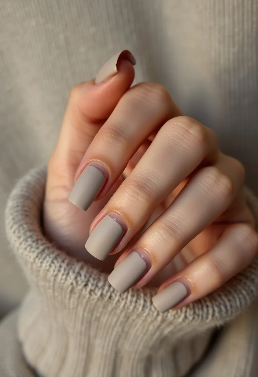 The nail design showcases a square-shaped style with a muted taupe-beige color palette, creating a sophisticated and understated look. The nails have a matte finish, indicating a possible use of a matte top coat, likely over gel polish for durability and smoothness. There are no intricate patterns or additional decorations present, emphasizing the minimalist and elegant aesthetic. This neutral hue is versatile and suitable for any season, making it an excellent choice for everyday wear or professional settings. The clean and sleek design aligns well with contemporary trends, focusing on simplicity and subtle elegance.