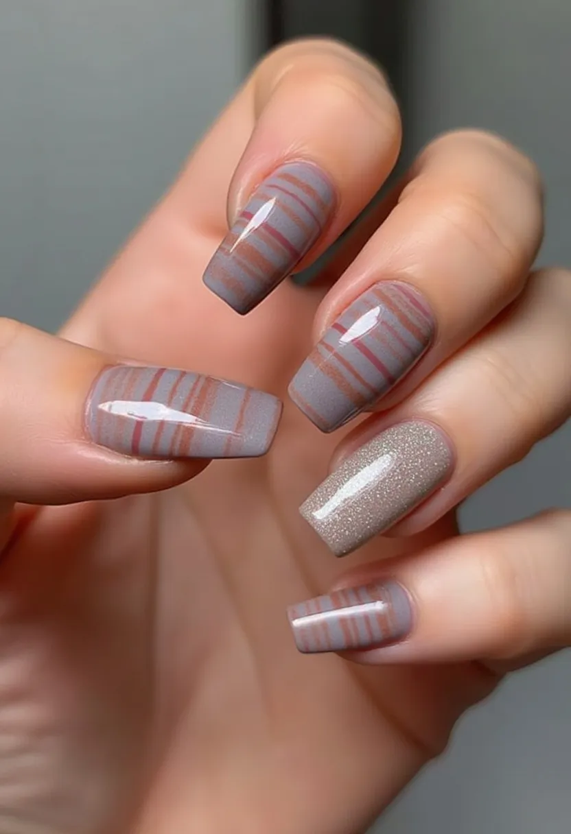 The nail design features a sophisticated and muted color palette with tones of grey, beige, and hints of maroon. The nails are shaped in a modern, slightly squared form, creating an elegant and stylish appearance. Intricate horizontal stripes decorate four of the nails, alternating between grey and maroon, adding a touch of subtle complexity to the design. One nail stands out with a shimmering beige base, offering a textured, glittery finish that contrasts beautifully with the smooth, striped patterns of the other nails. This nail art appears to be created using gel polish, characterized by its glossy shine and durability. The overall design is versatile, making it suitable for a range of occasions, from everyday wear to more formal settings, with a particular flair for the fall season due to its earthy tones and elegant patterns.