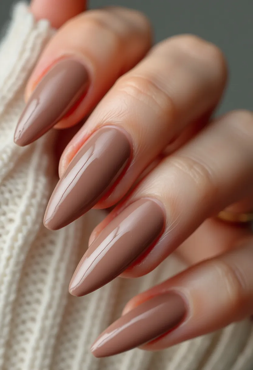 The nail design showcases a sophisticated and chic look with a muted nude color palette. The nails are shaped almond, which is both elegant and elongates the fingers. The polish appears to be a smooth, glossy finish, indicative of either gel or shellac treatment. The design is minimalist, devoid of intricate patterns or additional decorations, highlighting the simplicity and refinement of the nude shade. This understated design is versatile, suitable for any season or special occasion, from casual to formal events, offering both practicality and style.