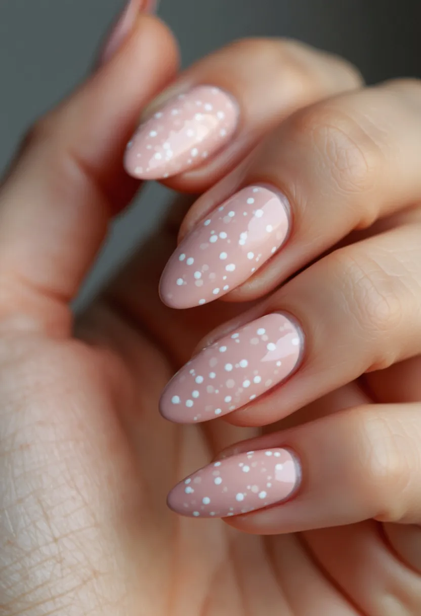 The nail design features a soft, pale pink color palette with a whimsical touch of white polka-dot patterns scattered across each nail. The nails are shaped in a refined almond form, giving a sleek and sophisticated appearance. The glossy finish suggests a gel or shellac nail treatment, adding a durable and shiny layer over the color and decorations. The dotted pattern on the nails lends a playful and somewhat festive vibe, suitable for spring or even winter-themed occasions due to the resemblance to snowfall, making this nail design versatile for various seasonal themes.