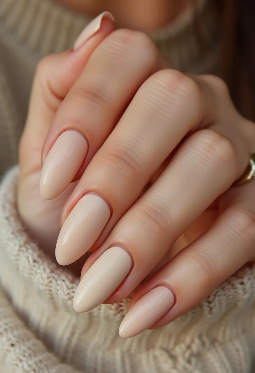 The nail design features a sophisticated, minimalist palette with a nude beige color that exudes elegance and versatility. The nails are shaped in a smooth, almond style, which is both trendy and flattering for a variety of hand shapes. The treatment used here appears to be a gel manicure, given the high-gloss finish and the precision with which the color is applied. This design lacks intricate patterns or decorations, focusing instead on the simplicity and pristine appearance of the single color application. The neutral tones and understated elegance make this design suitable for everyday wear or special occasions, fitting well with any seasonal wardrobe.