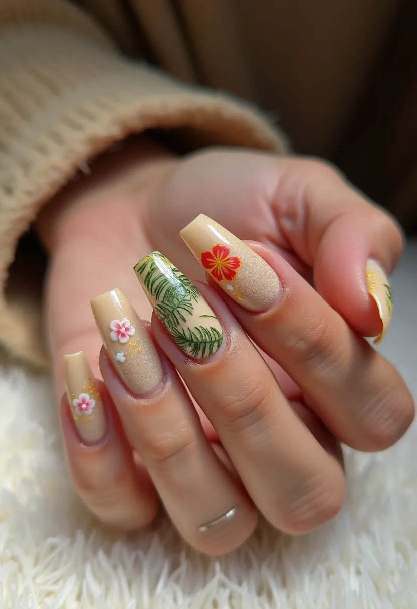 This nail design features a tropical theme with a color palette that includes shades of beige, green, red, pink, and white with a glossy finish indicative of gel treatment. The nails are notably squoval (square with rounded edges) in shape and longer in length. Each nail showcases unique decorations; two of the nails have detailed green palm leaves, another has a bold red and yellow hibiscus flower, while others are adorned with three-dimensional pink and white floral accents accompanied by small glittering yellow details, enhancing the tropical vibe. This vibrant and intricate design is perfectly suited for a summery occasion, capturing the essence of a tropical paradise.