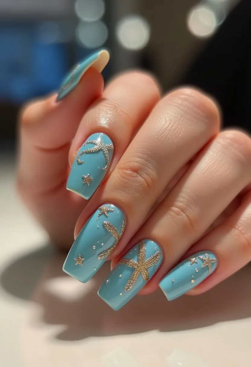 This nail design features a captivating maritime theme perfect for summer or beach-related occasions. The color palette predominantly consists of a soothing sky blue base that evokes the serenity of the ocean. The nails are shaped into a medium to long coffin shape, providing an elegant canvas for the decorative elements. Intricate patterns of glittering gold starfish and small silver stars adorn the nails, creating a striking contrast against the blue background. The type of nail treatment appears to be gel, as indicated by the glossy and smooth finish that enhances the vividness of the design. The design's unique details and its nod to the summer season make it an eye-catching option for those looking to celebrate sunny days by the sea.