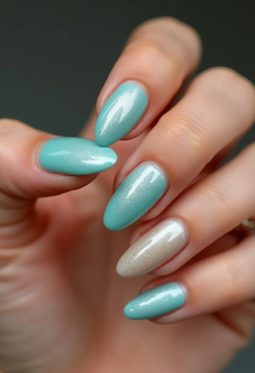 The nails are shaped in a stiletto or almond style, featuring a palette of seafoam green and shimmering pearl tones. The nail polish appears to be a type of gel treatment, providing a glossy and durable finish. The design alternates between solid seafoam green nails and pearl nails with a subtle, iridescent shimmer, creating a balanced and elegant look. This nail design doesn't exhibit intricate patterns or additional decorations, focusing instead on the sleek and polished appearance of the high-gloss gel finish. The color choices and minimalist approach suggest a versatile style suitable for any season or occasion, with a fresh, sophisticated aesthetic.