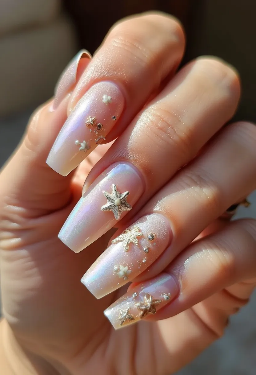 This nail design features long, coffin-shaped nails painted with an iridescent, pearl-like polish that shifts in shades of white and light pink. The nails boast intricate 3D decorations, including starfish and small flowers, alongside tiny metallic and crystal embellishments, suggesting a seaside theme. The design appears to be executed with gel polish, providing a glossy and durable finish. The overall aesthetic is delicate and whimsical, likely tailored for a beach vacation or a summer event. The detailed marine-inspired elements add a unique and playful touch to the elegant base color, reflecting light beautifully and creating a standout look.