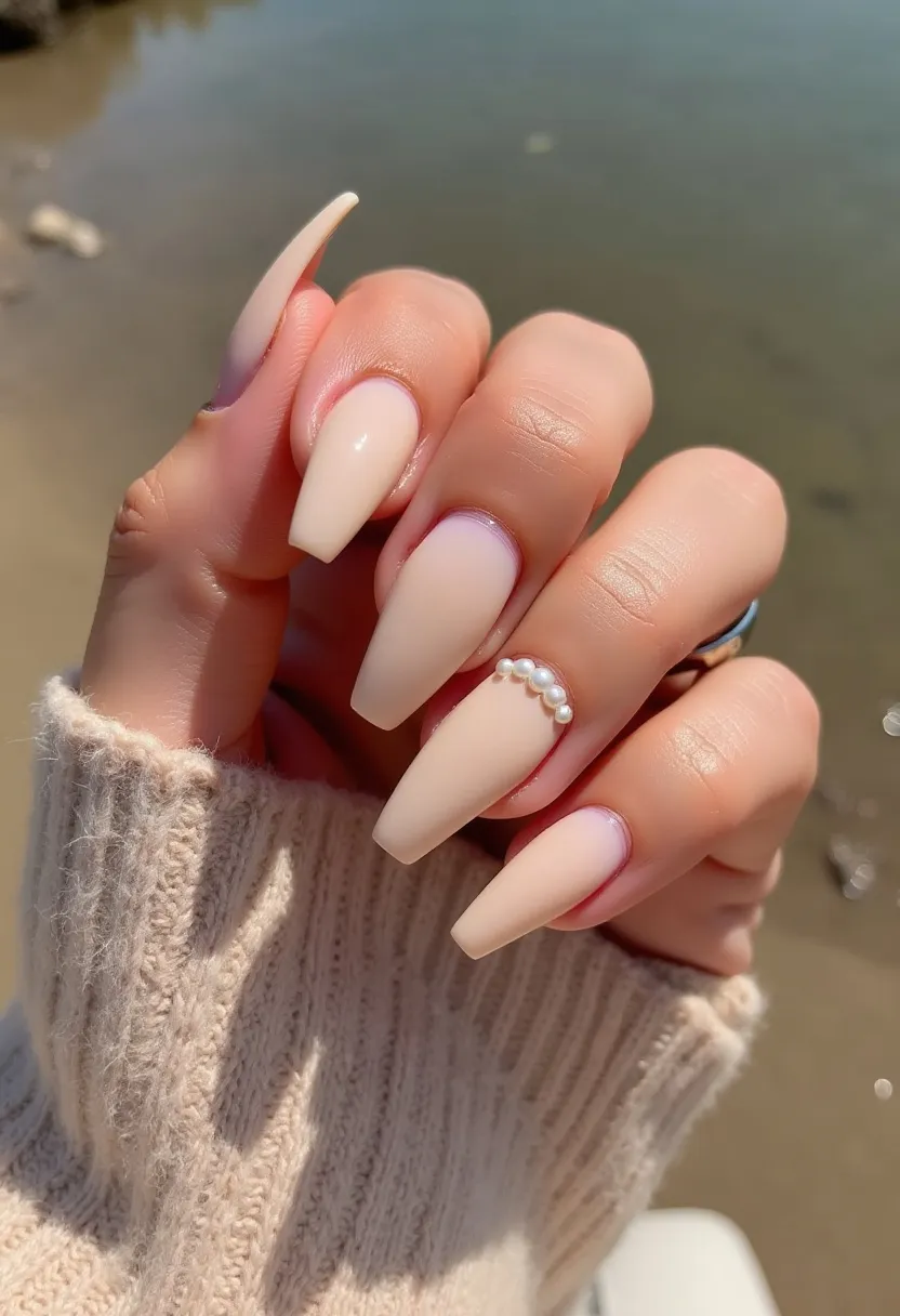 The nail design features a soft, pastel beige color palette, perfectly suited for a delicate and sophisticated look. The nails are medium to long in length with a coffin shape, providing an elegant and fashionable appearance. The nails appear to have a smooth, glossy finish, indicating a gel or shellac treatment. A standout detail is the accent nail on the ring finger, which is decorated with a row of small, white pearls arranged horizontally near the cuticle, adding a touch of luxury and refinement. This design is versatile and suitable for various occasions, from casual outings to formal events, and the pastel shade makes it ideal for spring or summer seasons.