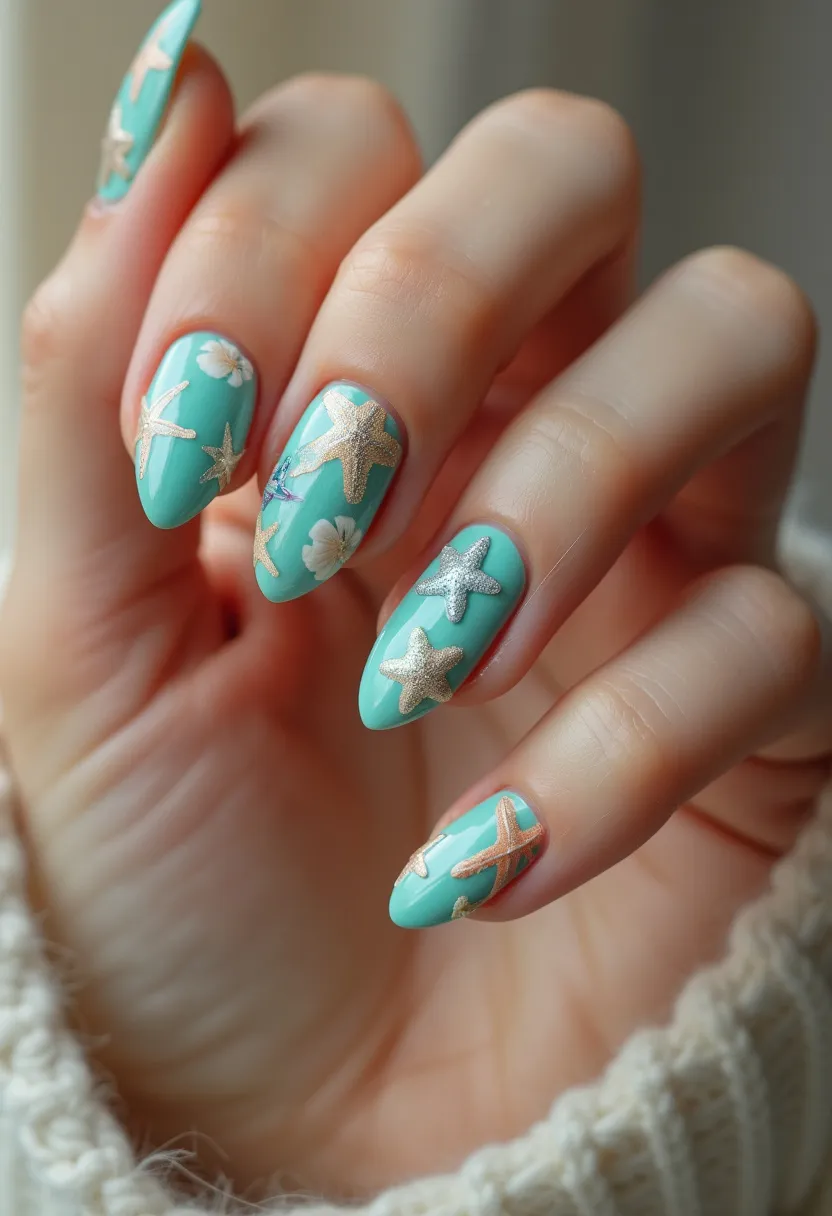 The nail design features an almond shape and a bright turquoise color palette, evoking a cheerful and summery vibe. The nails are adorned with intricate patterns of golden starfish and small, delicate seashells, creating a detailed and cohesive beach theme. The finish appears glossy, suggesting the use of gel or acrylic treatment to achieve a smooth and long-lasting look. This nail art is particularly suitable for a summer season or a beach-related special occasion, adding a unique touch of marine elegance to the overall aesthetic.