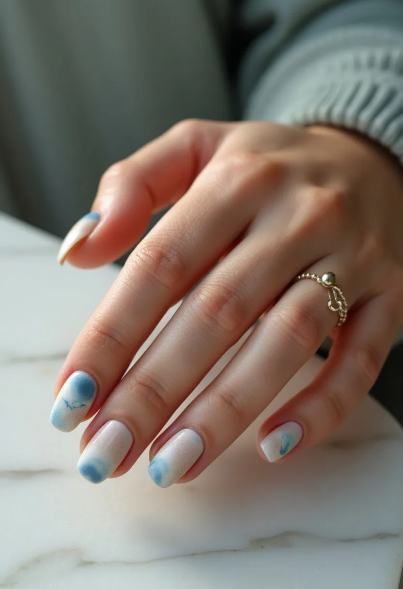 The nail design features a soft and elegant color palette with a base of light, off-white shade complemented by azure blue accents creating a subtle watercolor effect. The nails are medium in length and sports a slightly rounded square shape, enhancing the delicate and polished look. The intricate pattern resembles gentle blue and white clouds, adding an artistic and serene touch to the overall appearance. The finish suggests a preference for gel or dip treatment, giving the nails a smooth and glossy surface. This design evokes a peaceful, dreamy vibe, making it ideal for a relaxed, calming, or perhaps even a semi-formal seasonal event, subtly conveying a sense of tranquility.