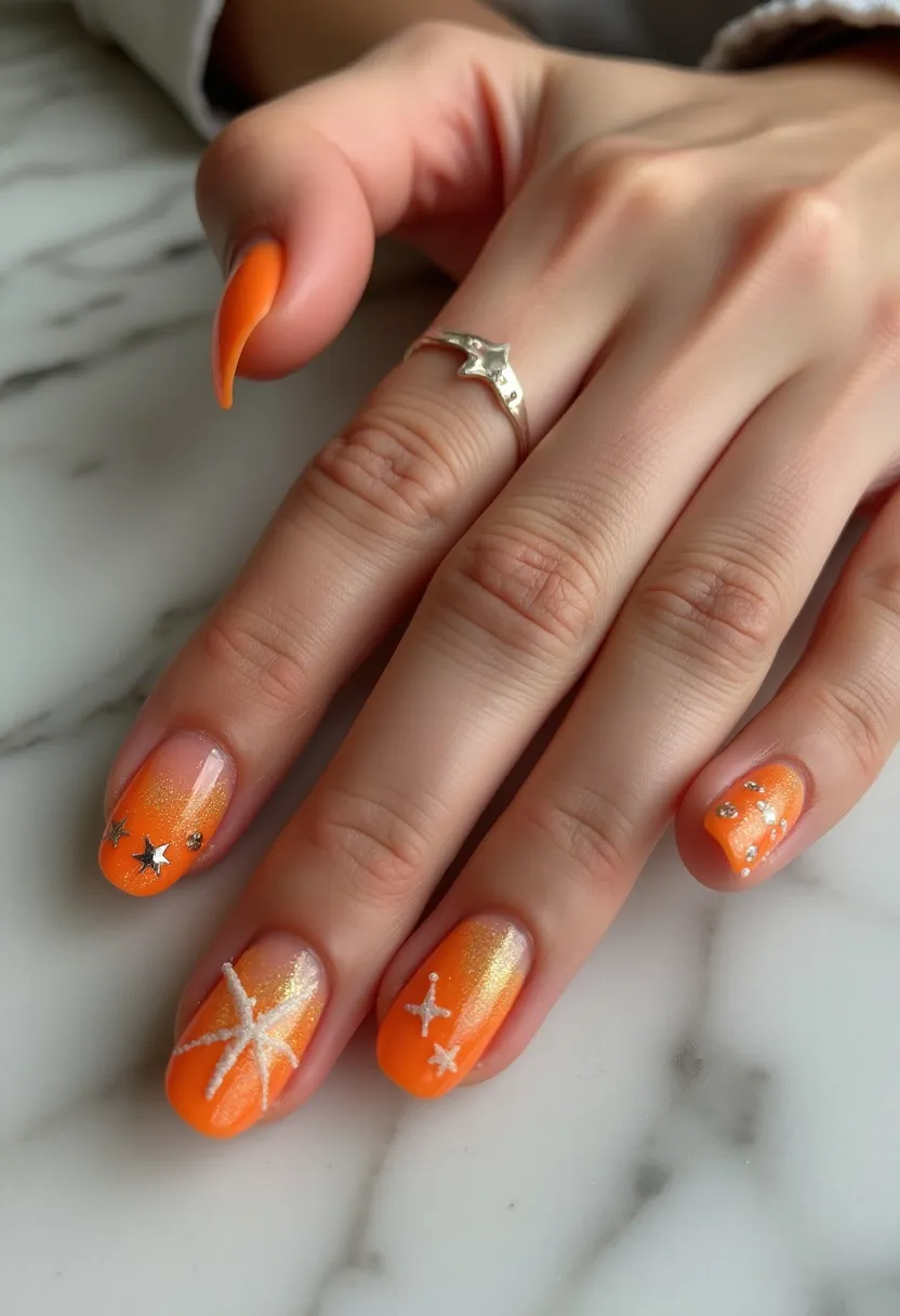 This nail design features a vibrant orange color palette, transitioning from a lighter gradient towards the tips. The shape of the nails is predominantly almond, providing a sleek and elegant appearance. Intricate patterns and decorations include tiny, silver star-shaped decals and clear rhinestones, as well as white, painted starbursts on two of the nails, giving a celestial theme. The finish appears to be a glossy gel treatment, adding shine and durability to the look. This design emanates a playful and cheerful vibe, suggesting a seasonal theme perfect for summer or special occasions such as festivals or celebrations.