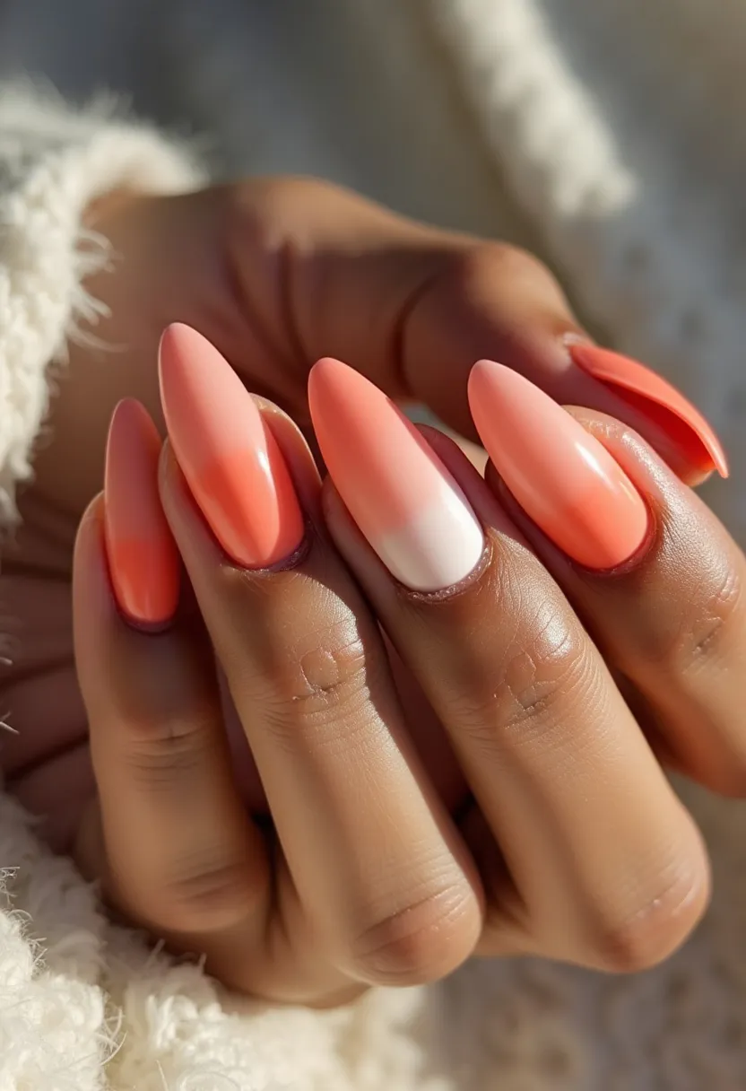 The nail design showcases a stylish and vibrant color palette featuring shades of coral and white. The nails are almond-shaped, offering a sleek and elegant appearance. The manicure is characterized by a gradient effect on most nails, blending from a vivid coral at the tips to a softer coral towards the base, with one accent nail displaying a smooth transition from coral to white. The surface is highly glossy, suggesting the use of gel polish, which enhances the vividness and provides a durable finish. This design could be suited for the spring or summer seasons, given the bright and cheerful colors that evoke a warm and sunny feel.