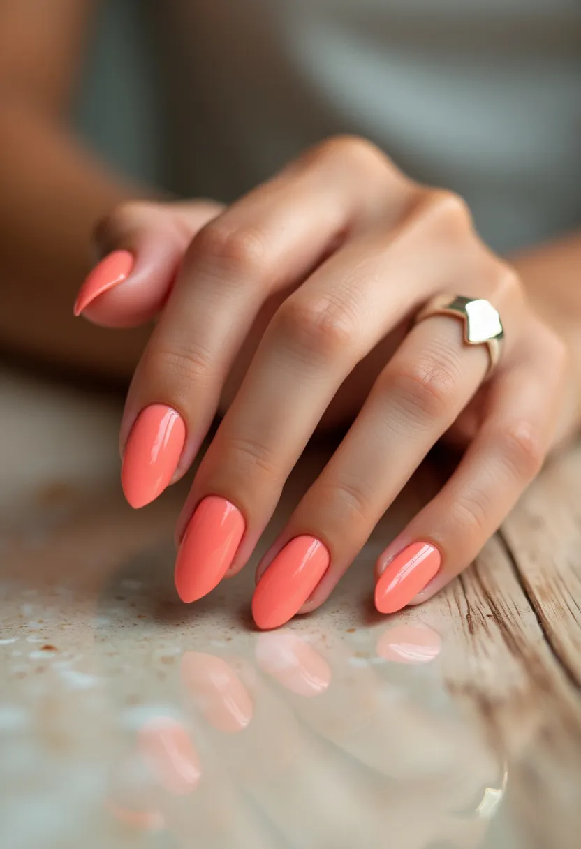 The nail design features nails painted in a bright coral color, offering a vibrant and eye-catching palette. The nails are almond-shaped, enhancing the elegant and elongated look of the fingers. The finish appears smooth and glossy, suggesting the use of a gel treatment, which provides a durable and high-shine effect. This design is likely suitable for spring or summer because of its bold and cheerful color. No additional patterns or decorations are present, keeping the aesthetic clean and sophisticated, perfect for both casual outings and more formal occasions.