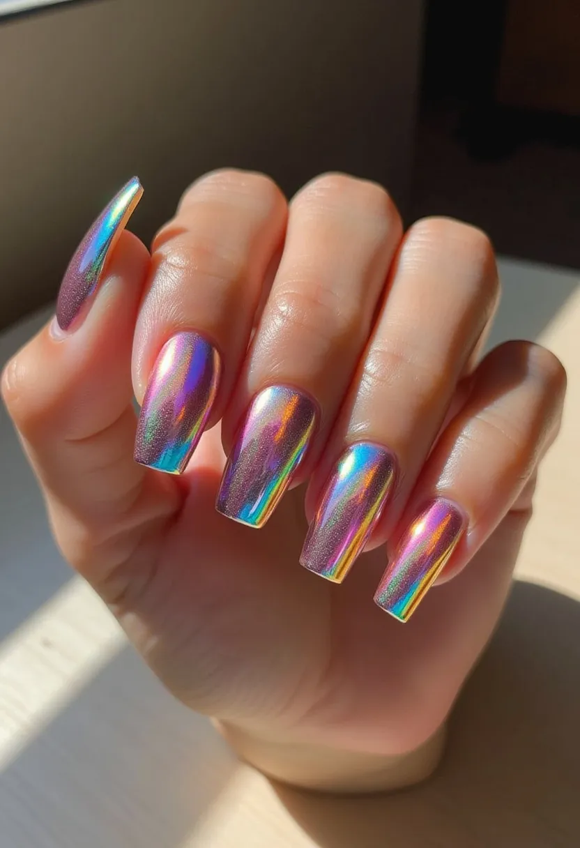 The nail design features a stunning holographic color palette that shifts dynamically between shades of pink, purple, blue, and green, creating a mesmerizing rainbow effect. The nails are long and have a coffin shape, providing an elegant and contemporary look. The iridescent finish suggests this is likely a result of gel or chrome powder treatment, giving the nails a glossy and reflective appearance. The design does not have any additional patterns or embellishments, allowing the holographic effect to be the focal point. This trendy and eye-catching design could be perfect for festive occasions, new-year celebrations, or even summer-themed events due to its vibrant and lively appearance.