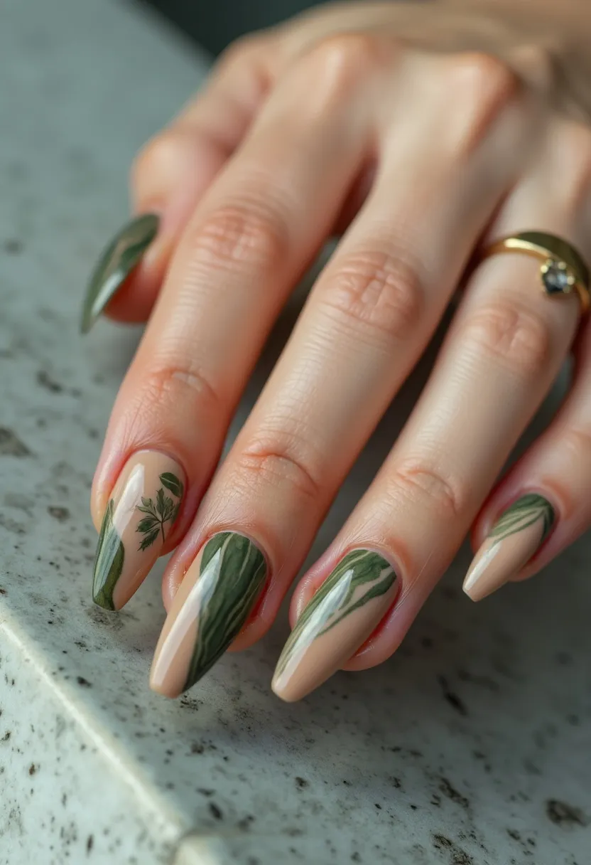 The nail design features an elegant and sophisticated color palette, primarily consisting of a nude base that harmoniously contrasts with intricate green patterns. The nails are shaped in a stiletto style, characterized by their pointed tips, giving the design a modern and fashionable edge. Each nail is adorned with artistic leaf motifs and smooth, long brush strokes that mimic natural foliage, providing a cohesive and nature-inspired theme suitable for the spring or summer seasons. The design prominently uses gel polish, evident by the glossy finish that adds a luxurious shine to the nails, enhancing the overall look. Unique details such as the meticulous depiction of leaves on the ring finger add a touch of intricacy and showcase the skill involved in this impressive nail art.