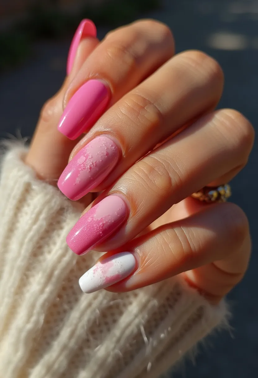 The nail design showcases a vibrant and feminine color palette with shades of pink and white. The nails are medium-length and shaped in a rounded square style. Each nail features a glossy finish, suggesting a gel or shellac treatment. The design incorporates a gradient ombre effect on the middle and ring fingers, transitioning from pink to white with a fine speckled texture that adds a delicate decorative touch. This nail art could be suitable for spring or summer seasons, reflecting a fresh and chic style fitting for special occasions or everyday wear. The overall look is elegant and well-coordinated, with a blend of solid colors and subtle artistic details.