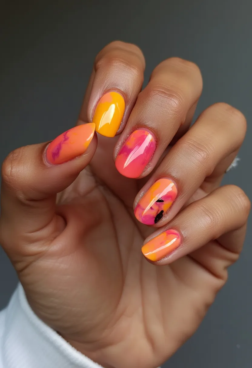 The nail design features a vibrant color palette primarily consisting of bright yellow, orange, and pink shades. The nails are medium length and have a rounded almond shape. The treatment appears to be a gel polish, providing a glossy and smooth finish. Several nails showcase a marbled pattern, blending the yellow, orange, and pink colors seamlessly, reminiscent of a sunset. One nail includes a subtle black abstract design, adding an element of contrast and visual interest. The overall design gives off a vibrant and summery vibe, ideal for warm weather or beach-themed occasions.