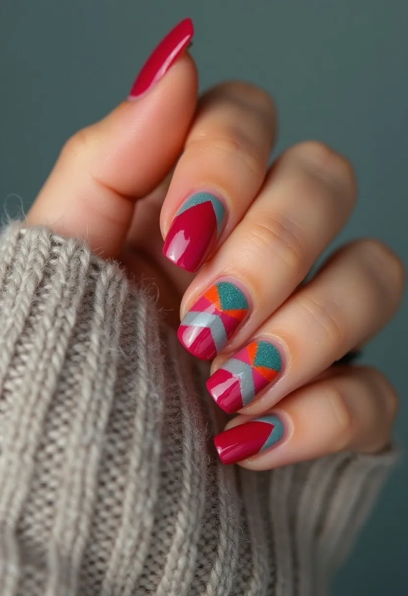 The nail design showcases a vibrant color palette featuring deep magenta, teal, orange, and gray. The nails are medium-length and shaped in a rounded square silhouette. The design includes intricate geometric patterns with teal and magenta as the base colors, overlaid with sharp triangular and diagonal shapes in orange and gray to form a visually striking, almost mosaic effect. The high gloss finish suggests a gel or shellac nail treatment, ensuring a smooth and shiny surface. The color choice and geometric pattern lend a modern, playful vibe to the nails, making them suitable for various occasions, potentially with a contemporary or funky theme.