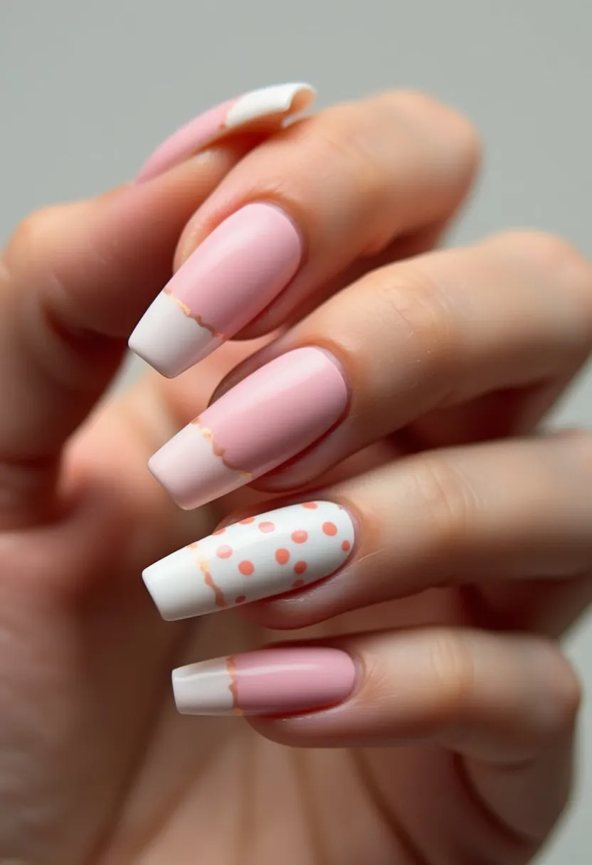 The nail design features a soft and feminine color palette primarily comprised of pastel pink and white. The nails have a square or squoval shape, giving a clean and modern look. Intricately designed, the index and ring fingers showcase a classic French manicure style with a pastel pink base and white tips, accented by a subtle, fine gold wavy line separating the two colors. The middle finger highlights a playful pattern with pastel pink spots on a white background, creating a fun and whimsical touch. This design likely uses gel treatment, given its glossy finish and the level of detail in the patterns. The overall aesthetic suggests a light, airy, and slightly whimsical theme, suitable for springtime or special occasions that call for an elegant yet playful look.