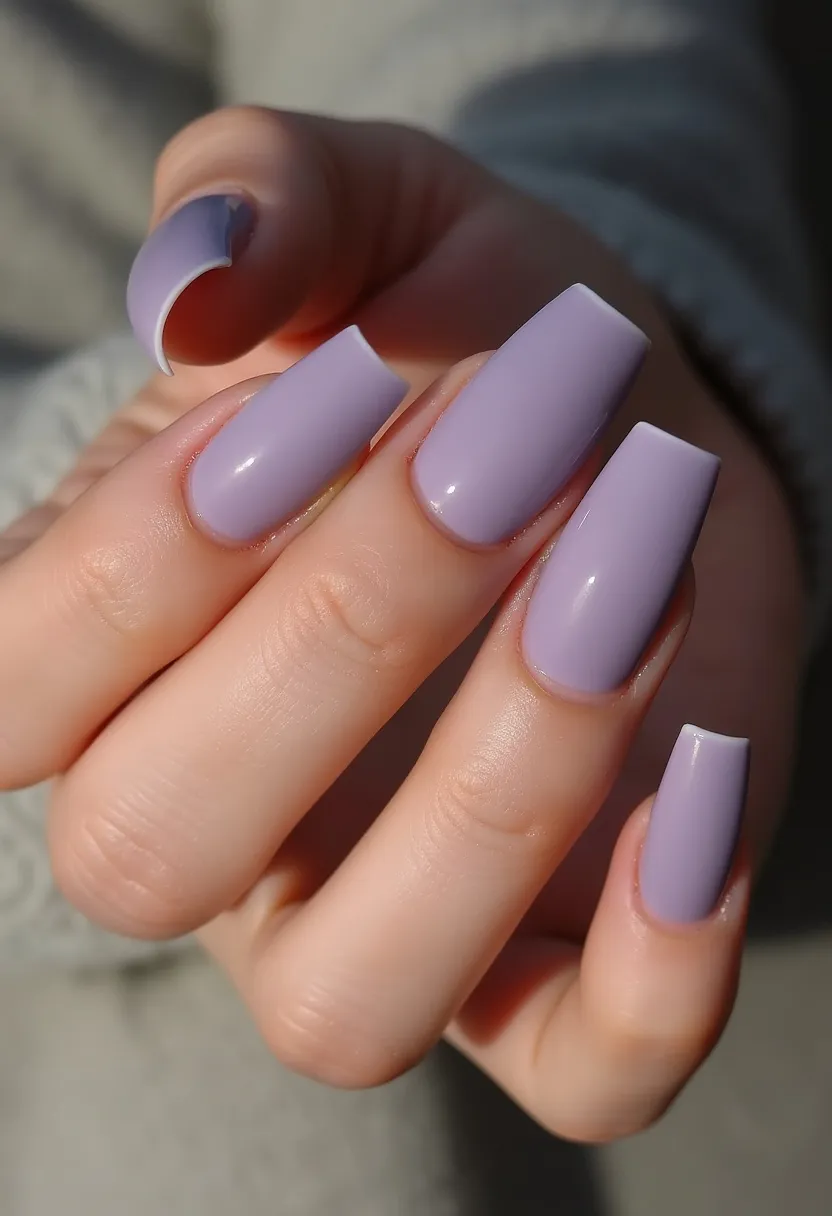 The nail design features a soft lavender color palette, which adds a touch of elegance and subtlety to the look. The nails are shaped in a medium to long coffin style, providing a modern and stylish appearance. The surface is smooth and glossy, indicating that a gel treatment has likely been used to achieve a high-shine finish and durability. The design is simple and minimalist, without additional patterns or decorations, making it versatile for everyday wear or special occasions. This nail look could be particularly fitting for spring due to its light, pastel shade, but its classic style allows for year-round appeal.