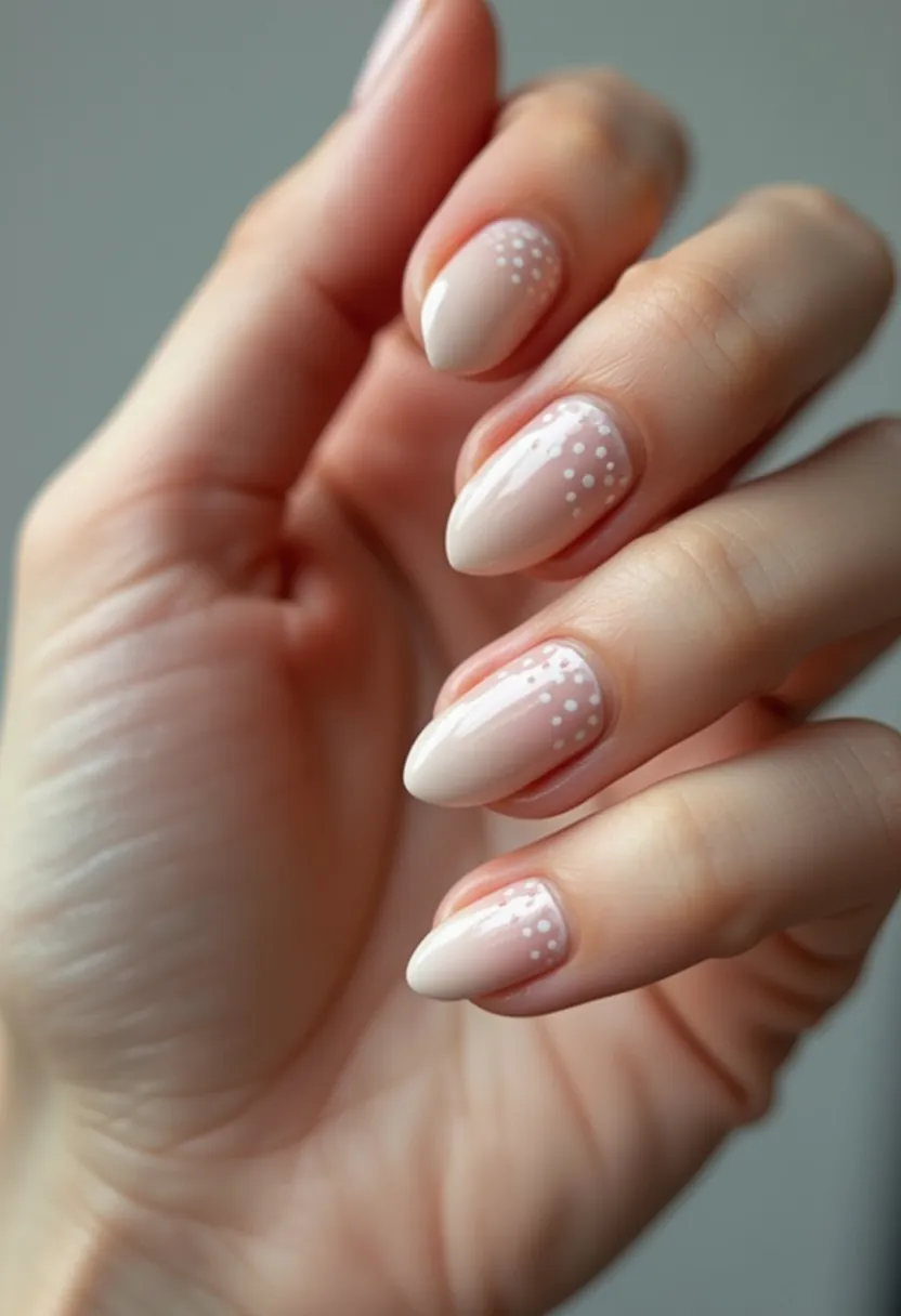 The nail design features a soft and elegant color palette consisting of a pale pink or nude base. The nails have an almond shape, providing a sophisticated and elongated appearance. An intricate pattern of small white dots is delicately placed near the cuticles, adding a subtle yet charming decorative element to the design. While the type of nail treatment isn't explicitly clear, the high-gloss finish suggests it could likely be a gel or shellac manicure. This design is versatile and suitable for various special occasions, including weddings or formal events, as well as being appropriate for a polished everyday look. The minimalistic yet detailed pattern can also be associated with seasonal spring or summer themes due to its fresh and delicate aesthetic.