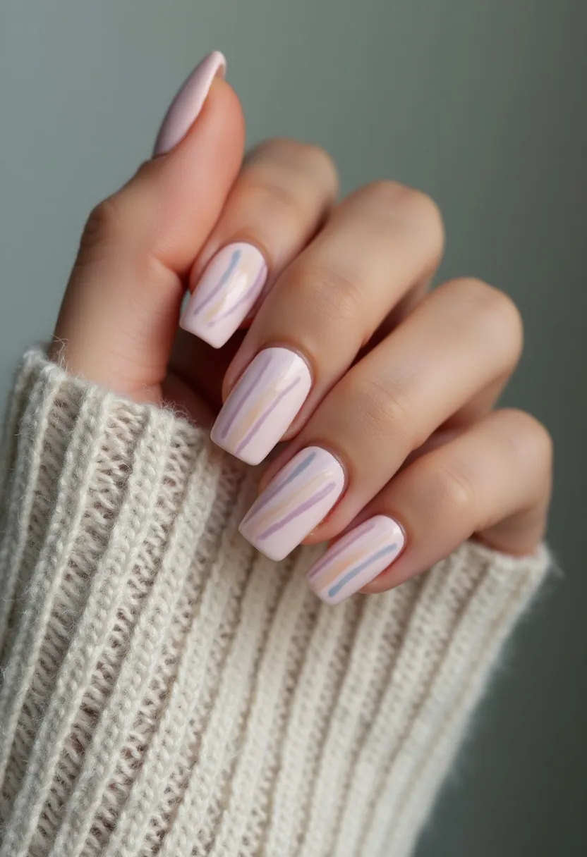 The nails are medium length and shaped in a clean, square style. The predominant color on the nails is a soft pastel pink, which serves as a base for delicate, vertical lines in muted colors including lavender, light blue, and peach. The lines vary slightly in thickness, adding a subtle visual interest without overwhelming the overall design. The nail treatment looks like it could be a gel finish, given the glossy and smooth texture observed. The color palette and soft hues suggest a versatile design suitable for both everyday wear and special occasions, perhaps leaning toward spring or summer themes because of the light and airy colors used. The meticulous detailing of the stripes gives the nails an elegant and contemporary look.