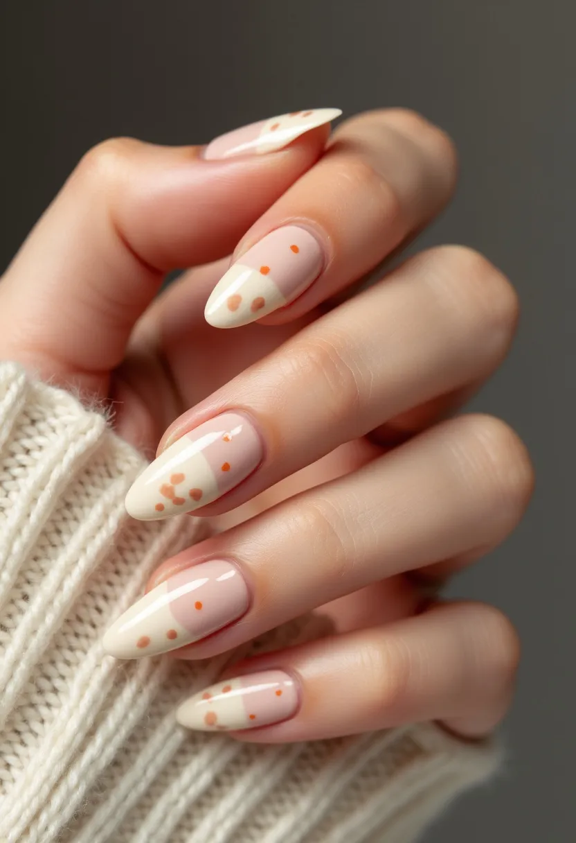 The nail design showcases a sophisticated and minimalistic look with softly almond-shaped nails. The color palette is a combination of a gentle, nude base and a creamy white tip, creating a modern take on the French manicure. Intricate orange dots are delicately placed along the border between the base color and the white tip, adding a playful and artistic flair. The nail treatment appears to be gel, considering the glossy finish and smooth texture. This design subtly hints at a seasonal theme, possibly autumn, due to the soft, warm tones and cozy aesthetic, making it suitable for both casual and slightly more festive occasions.