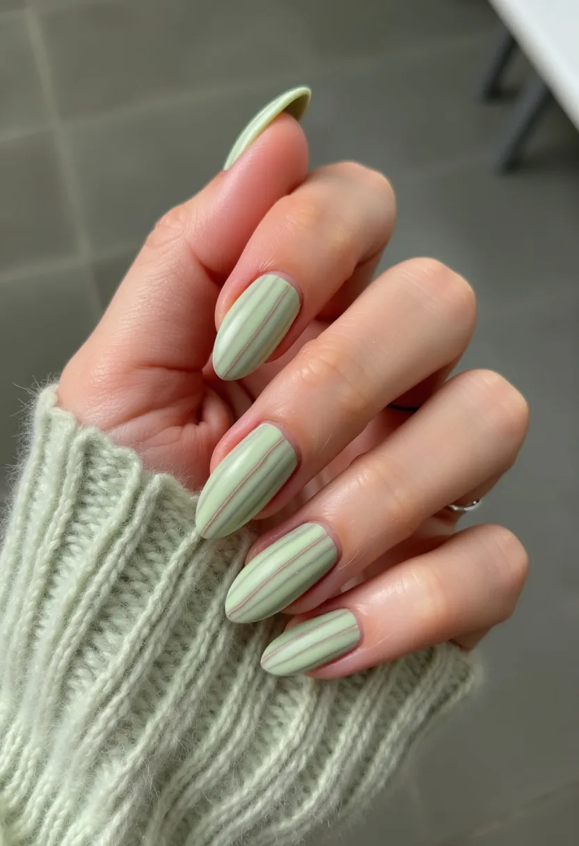 The nail design features an elegant almond-shaped manicure with a soft, pastel green color palette. Each nail showcases a subtle vertical stripe pattern, adding a sophisticated and refined look to the design. The striped detailing appears slightly raised, indicating the use of gel polish that enhances the 3D effect. This design is perfect for a spring or early autumn theme due to its soft hues and understated details, making it suitable for both everyday wear and special occasions. The overall aesthetic is clean and minimalistic, accentuating the natural elegance of the nails.