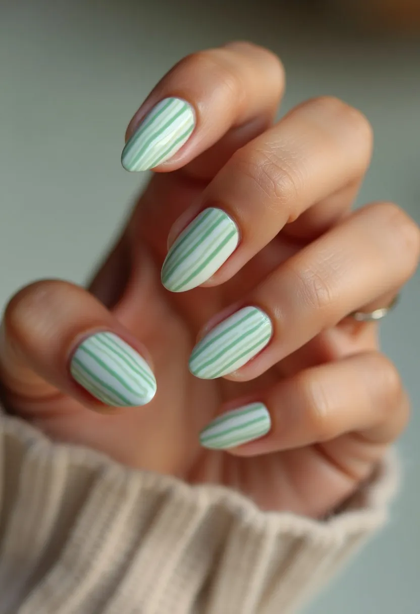 The nail design features an almond shape and a soft, pastel color palette primarily consisting of light greens and whites. The nails showcase intricate vertical stripes that are evenly spaced, creating a minimalist yet stylish look. The nails appear to have a smooth finish, likely indicating a shellac or gel treatment, as these types often provide a glossy and durable appearance. This design has a fresh and Spring-like atmosphere, making it suitable for seasonal events or simply adding a touch of elegance to everyday wear. The simplicity of the stripes contributes to its sophisticated and timeless appeal.