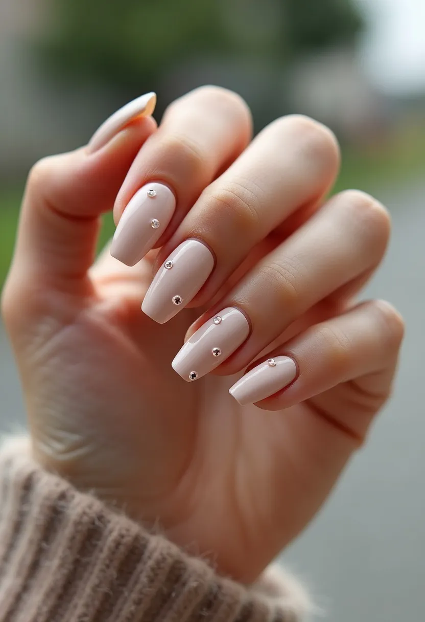 The nail design features a soft, nude color palette, giving off a sophisticated and understated elegance. The nails are shaped in a long, square or coffin style, which enhances their sleek appearance. Each nail is embellished with small and subtle rhinestones, adding a touch of sparkle and glamour to the overall look. The clean finish and high shine suggest a gel or shellac treatment, providing a durable and glossy surface. This design is timeless and versatile, suitable for various occasions, from everyday wear to more formal events. The minimalist yet chic details make it an ideal choice for any season, offering both simplicity and a hint of luxury.