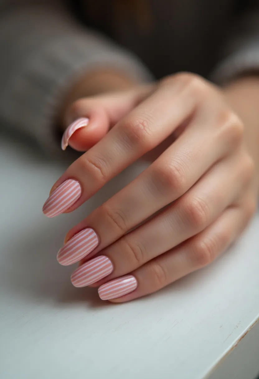 The nail design features a pastel color palette with soft pink and white hues. The nails are shaped into a rounded square form, which is both elegant and functional. Each nail is adorned with a vertical stripe pattern, alternating between the pink and white colors, creating a chic and sophisticated look. The striped design adds a playful yet refined touch, ideal for a light-hearted, spring-inspired theme. The finish suggests a gel treatment, providing a glossy and durable appearance. This nail art is suitable for a range of special occasions, from casual outings to semi-formal events, offering a blend of understated elegance and subtle charm.